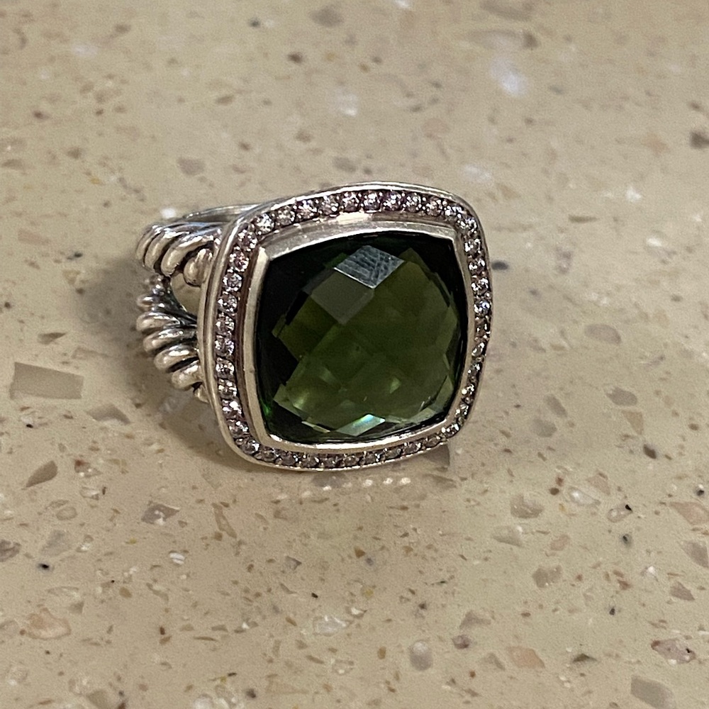David Yurman 925 Sterling Silver 20mm Prasiolite Albion Diamond Ring SZ 6